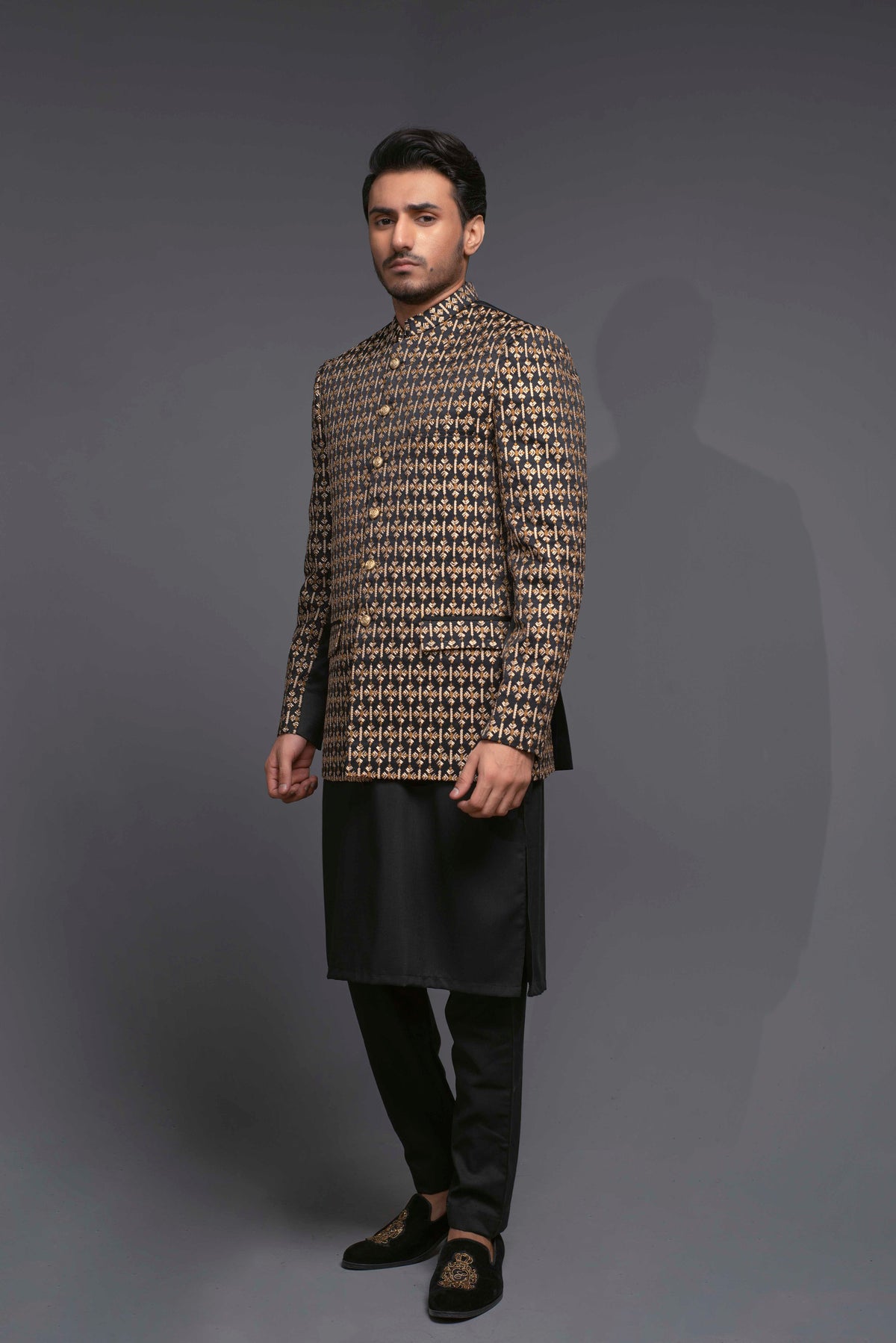 Black Color Golden Embroidered Prince Coat For Men