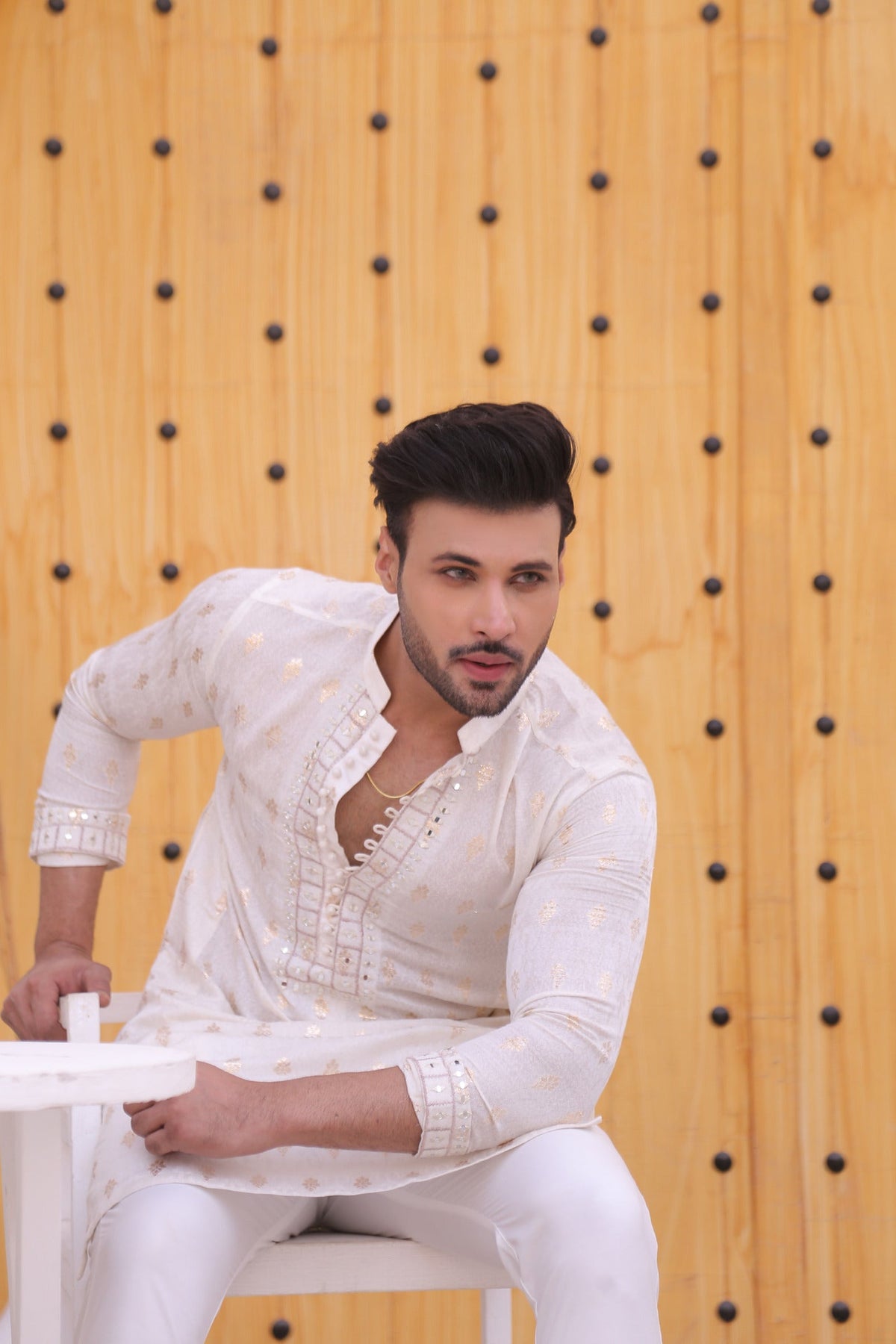 White Color Mirror Work Embroidery Kurta Pajama For Men