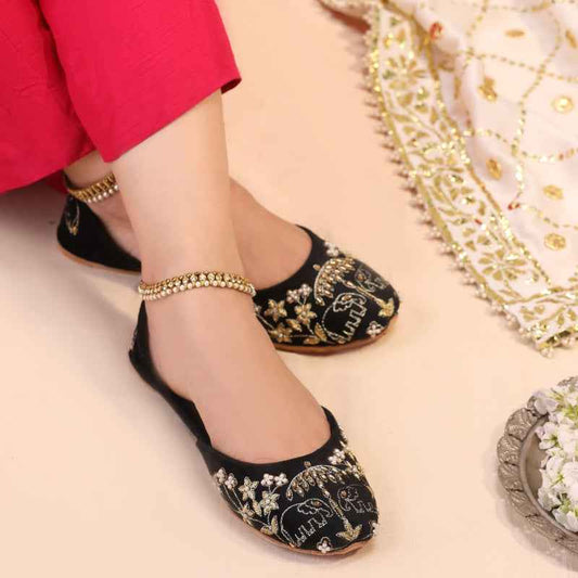 Royal Black Elephant Embroidered Khussa For Women