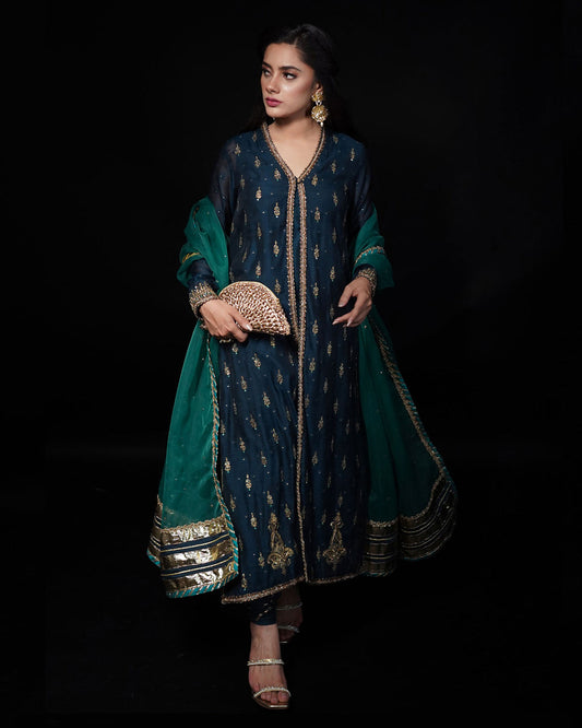Layla Navy Blue Embroidered 4-Piece Formal Suit For Women