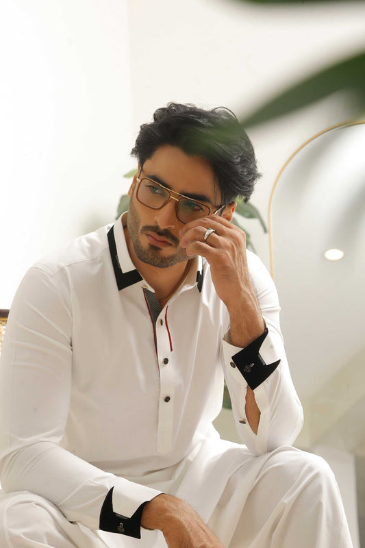 Shining White Executive Shalwar Kameez – Elegant & Refined For Men