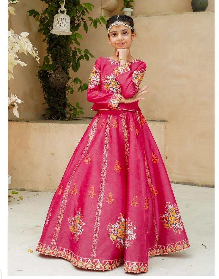 Royal Block Printed Raw Silk Lehenga Choli For Girls