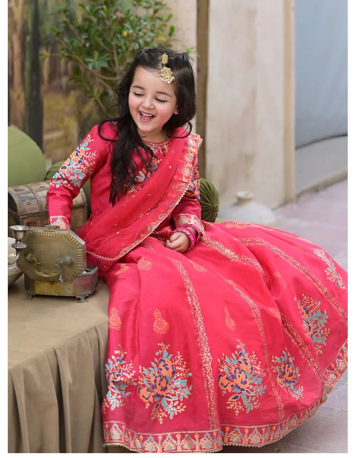 Elegant Block Printed Raw Silk Lehenga Choli For Girls