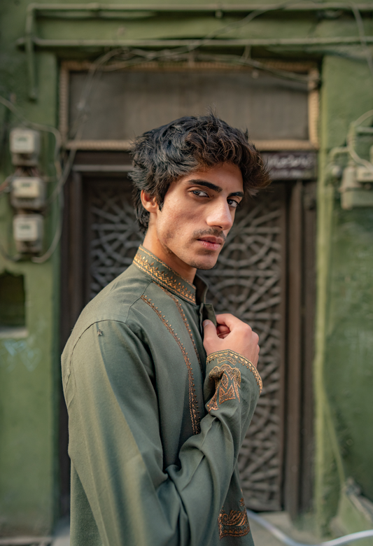 Olive Chickenkari Embroidered Kurta with Pajama For Men