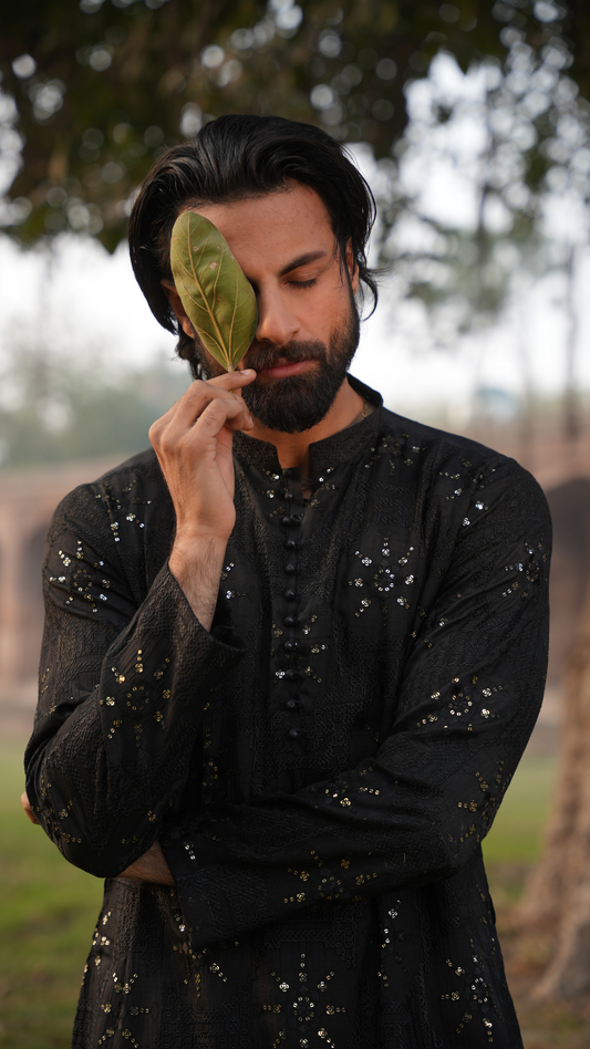 Black Chikankari Embroidered Designer Kurta For Men