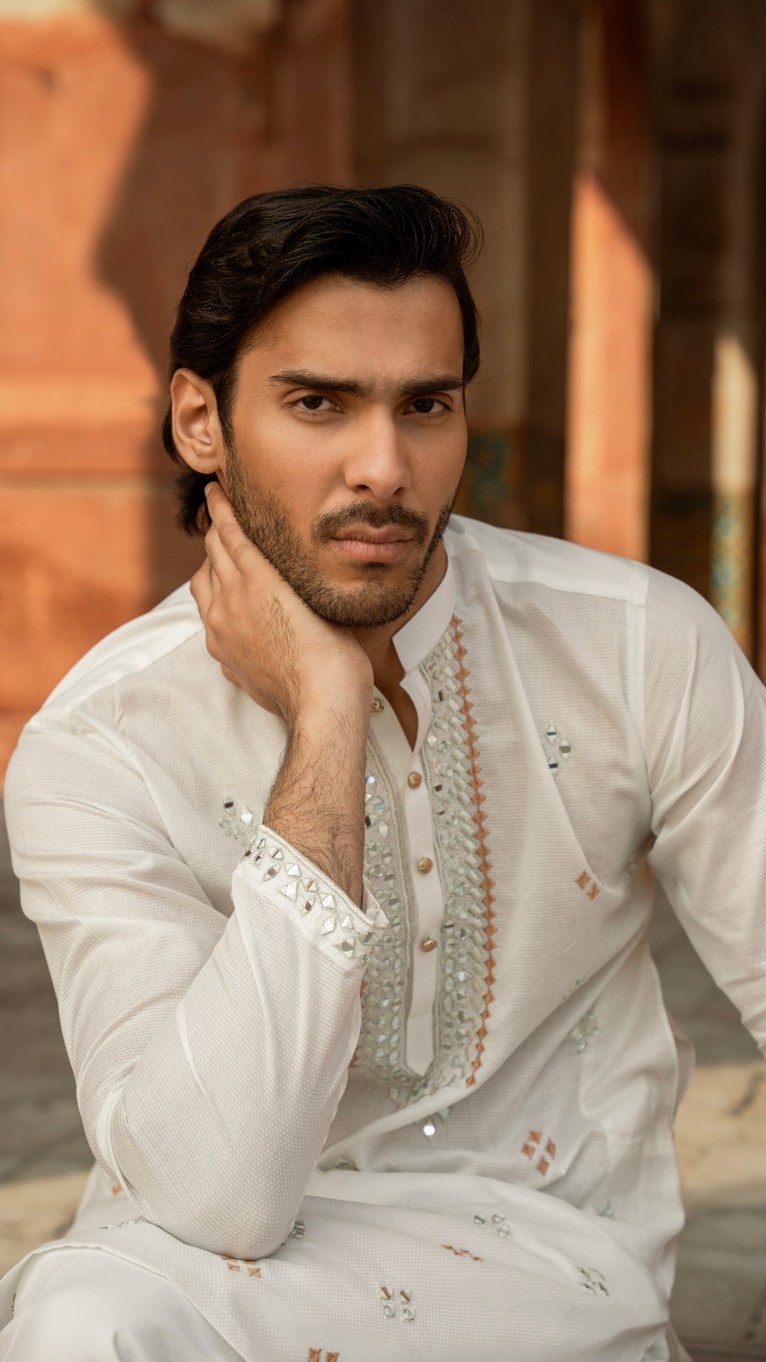 White Mirror Work Kurta for Men For Men