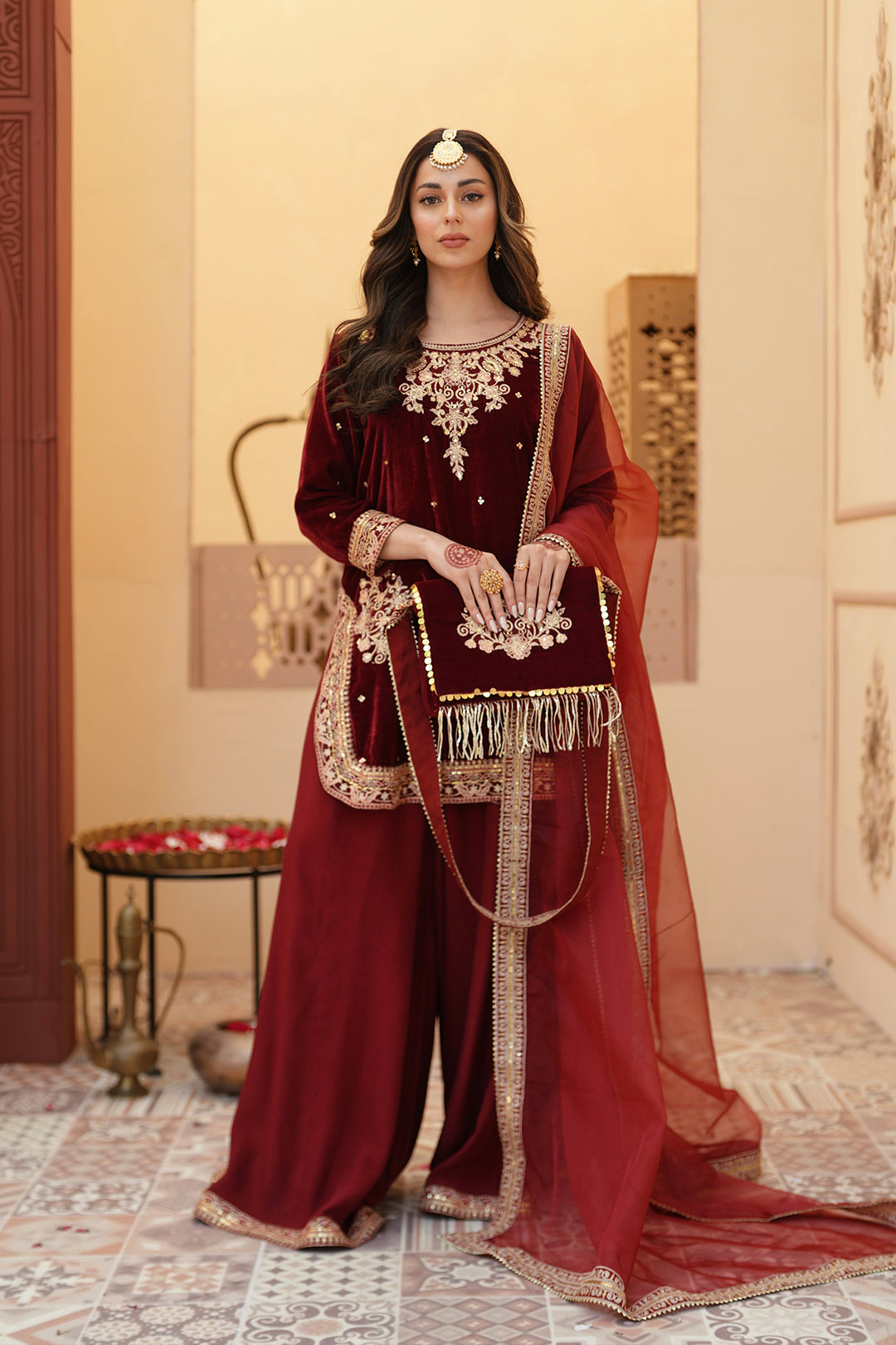 Zeba Maroon Burgundy Velvet Shirt & Sharara with Dupatta For Women
