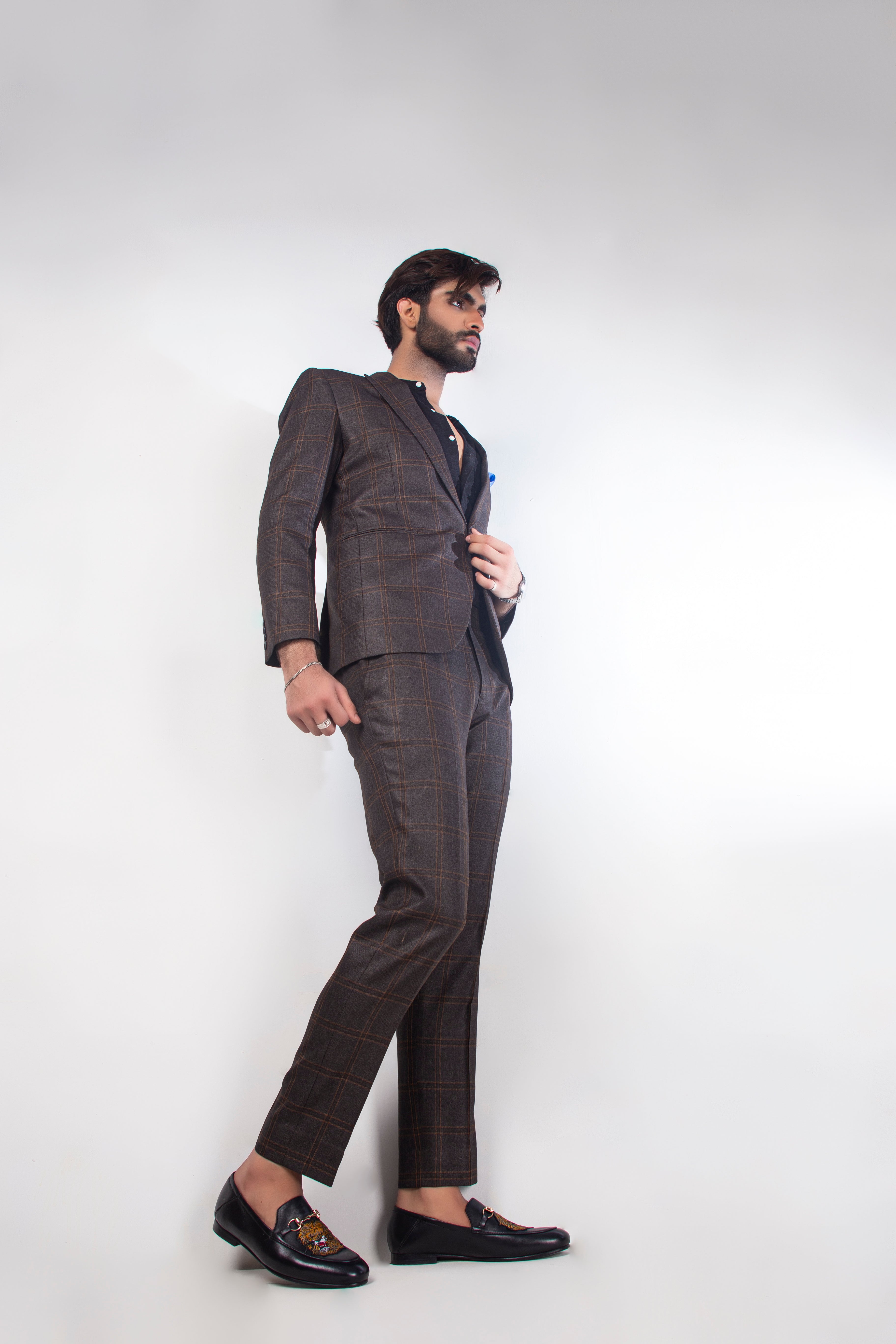 Brown Color Oxford Check Two-Piece Suits/Coat Pant For Men