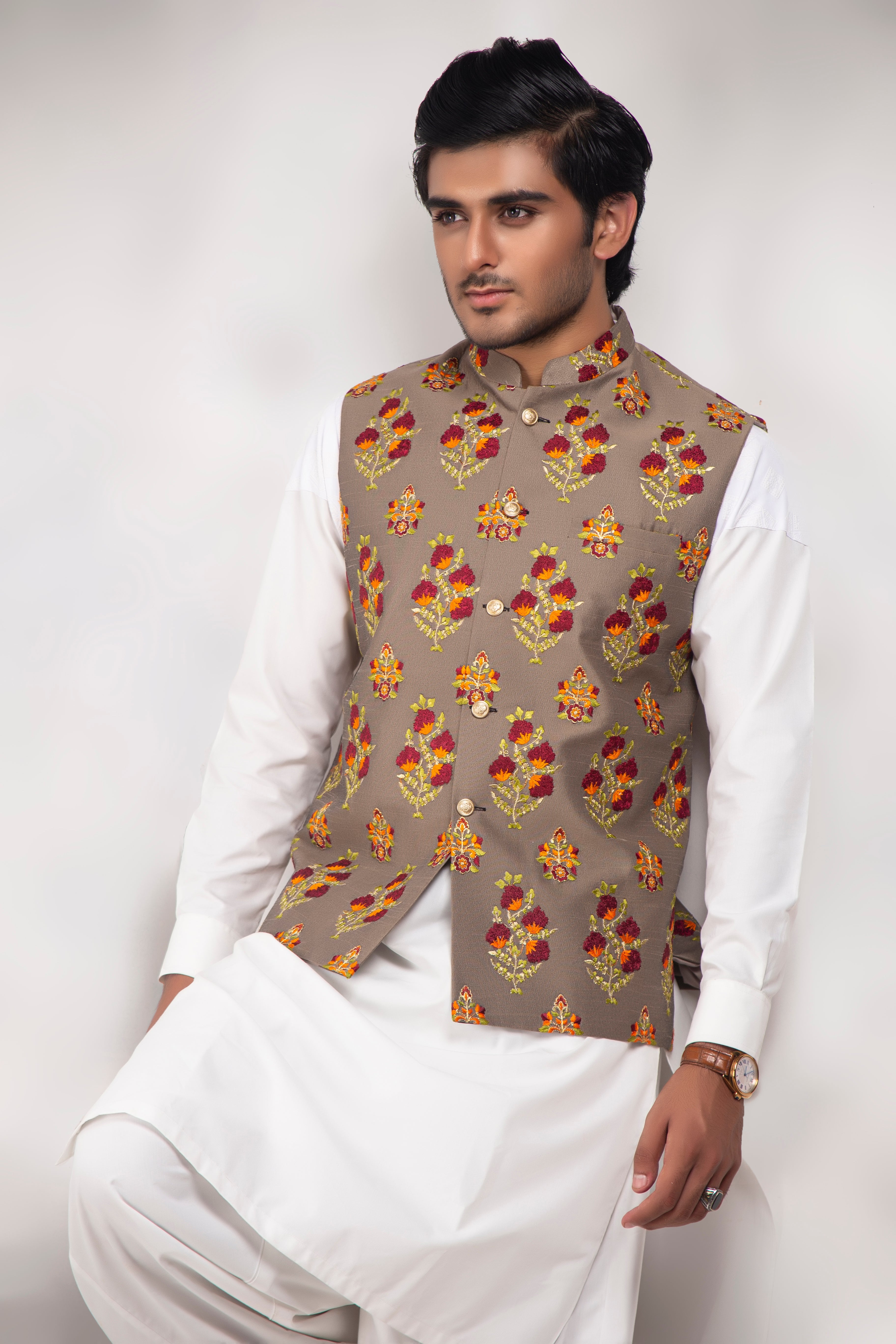 Beige Color Flower Embroidered Waist Coat For Men
