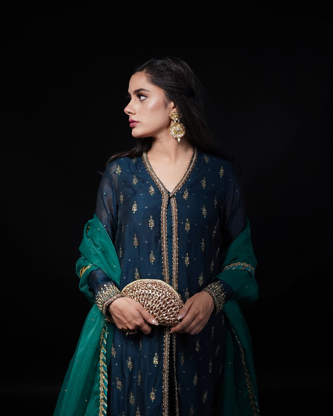 Layla Navy Blue Embroidered 4-Piece Formal Suit For Women
