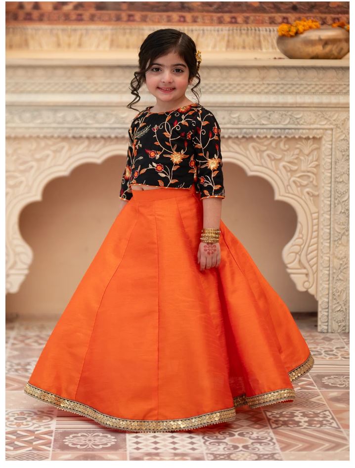 Orange Gotta Tilla Embroidered Lehenga Choli For Girls