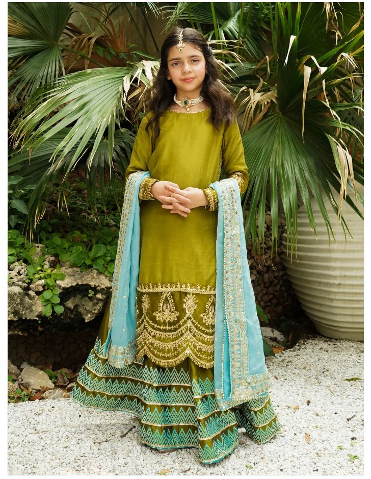 Elegant Soft Raw Silk 3-Piece Suit with Block Printed Lehenga For Girls