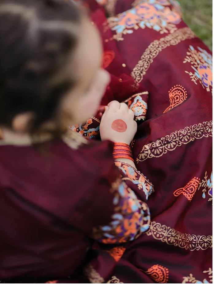 Royal Block Printed Raw Silk Lehenga Choli For Girls