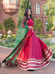 Rubi Red Chiffon Choli with Raw Silk Lehenga & Net Dupatta For Women