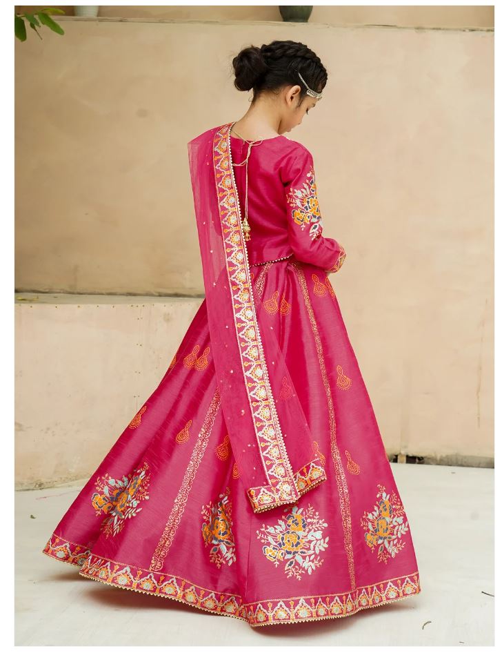 Royal Block Printed Raw Silk Lehenga Choli For Girls