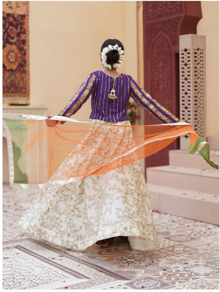 Elegant Embroidered Raw Silk Lehenga Choli with Sitara Dupatta For Girls