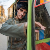 Olive Chickenkari Embroidered Kurta with Pajama For Men