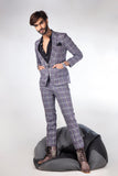 Grey Color Double Layered Checks Two-Piece Suits/Coat Pant For Men
