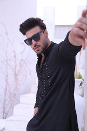 Black Color Mirror Work Embroidery Kurta Pajama For Men
