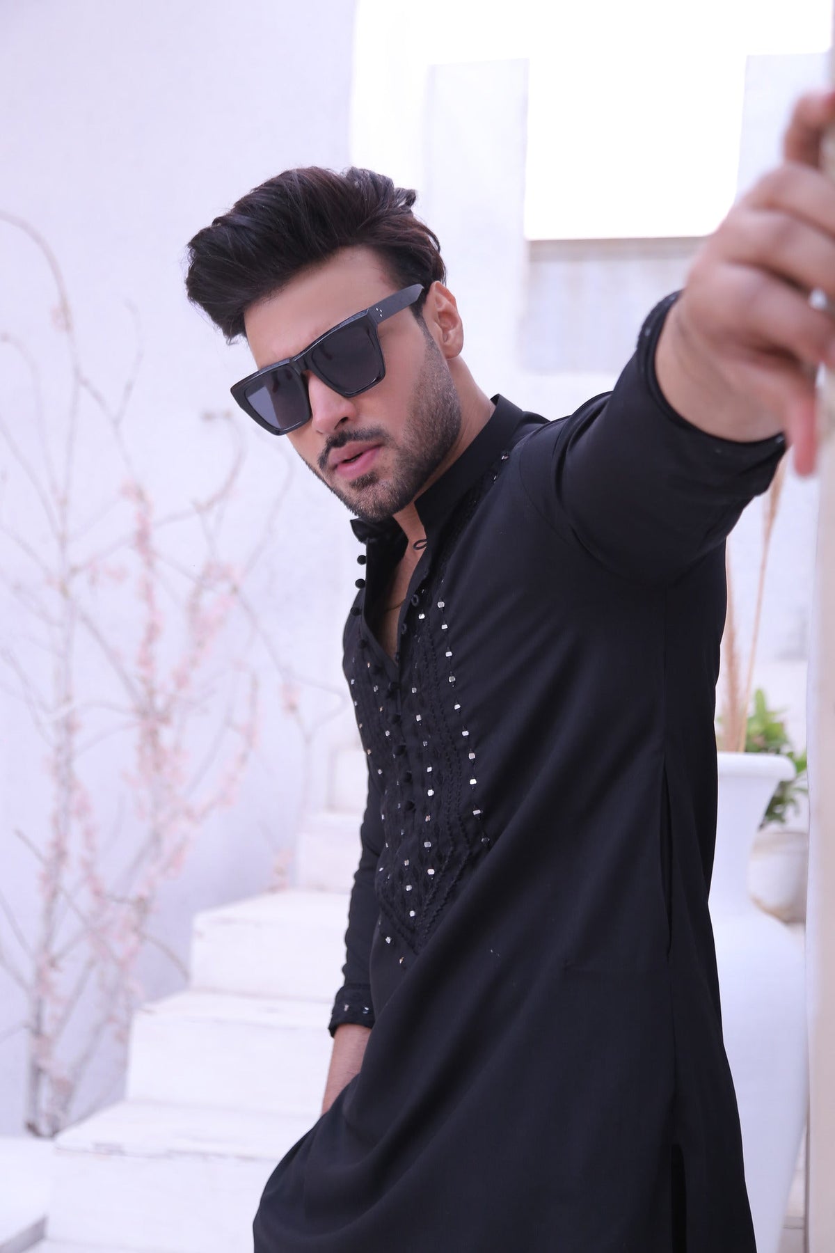 Black Color Mirror Work Embroidery Kurta Pajama For Men