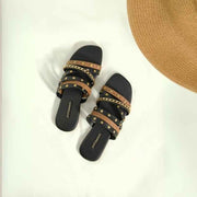 City Stud – Black & Tan Flats with Gold Studs and Chain Detail For Women