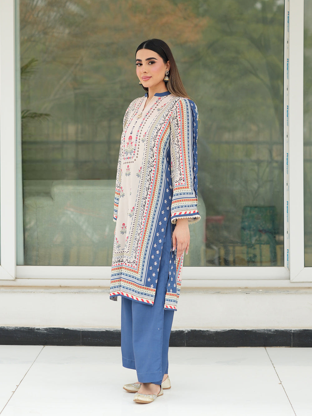 Ivory Beige 3-Piece Printed Suit with Chiffon Dupatta For Women