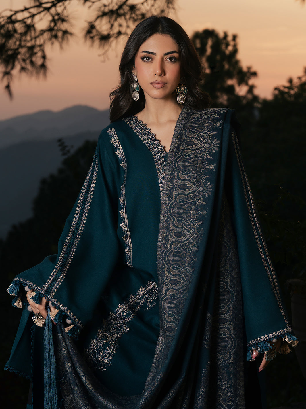 Adaa – Teal Blue Embroidered Winter Suit For Women
