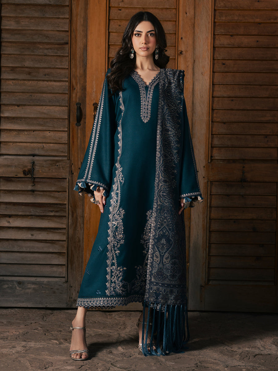 Adaa – Teal Blue Embroidered Winter Suit For Women