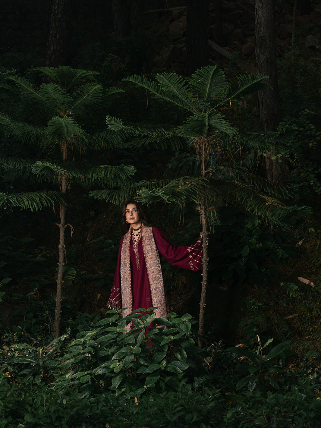 Afroze – Cherry Red Embroidered Winter Suit For Women