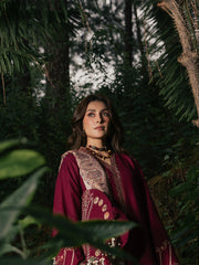 Afroze – Cherry Red Embroidered Winter Suit For Women