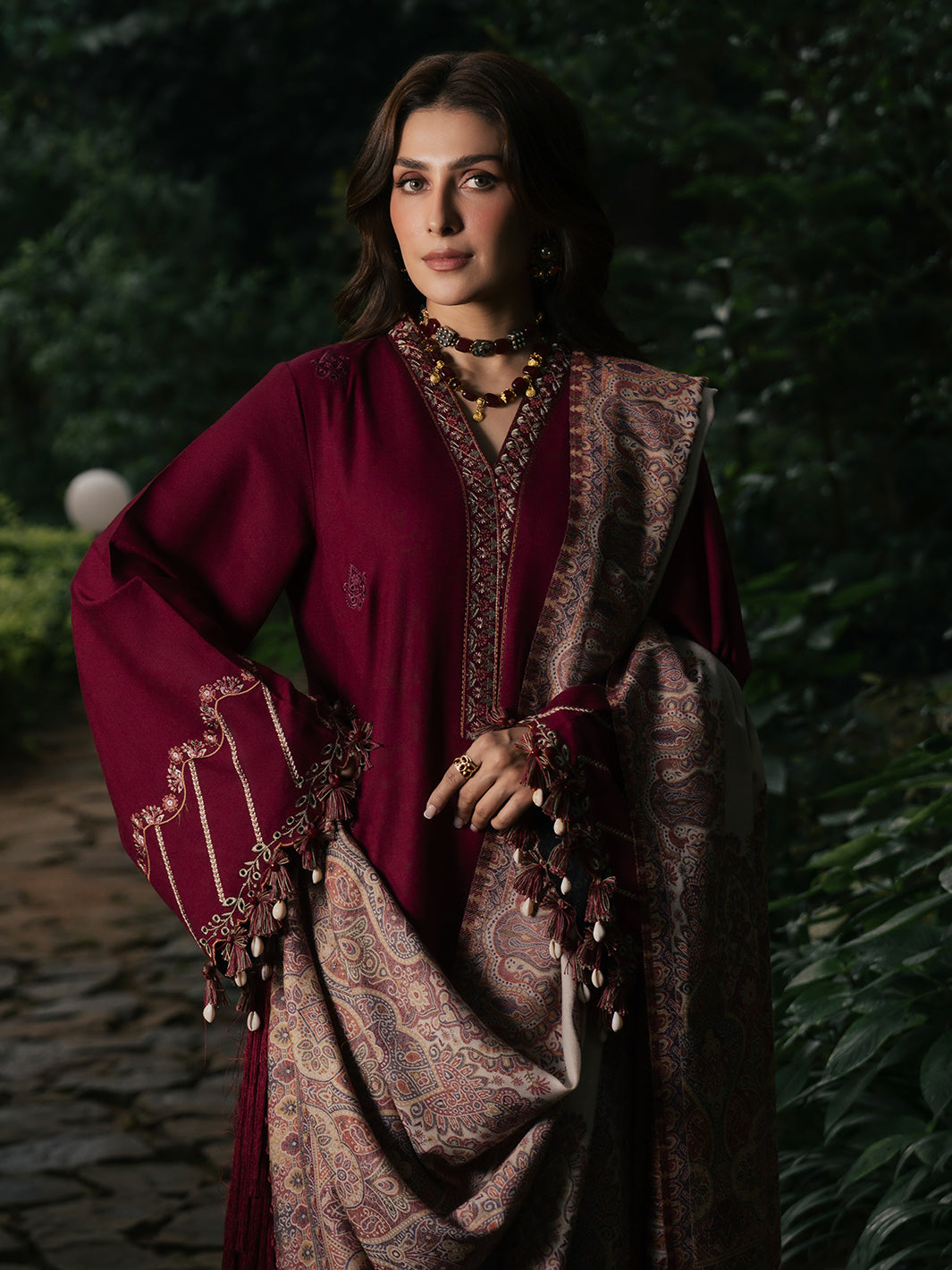 Afroze – Cherry Red Embroidered Winter Suit For Women