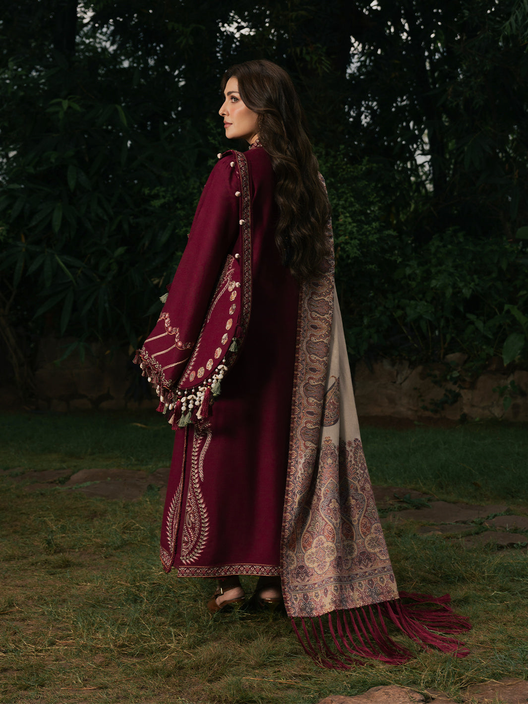 Afroze – Cherry Red Embroidered Winter Suit For Women