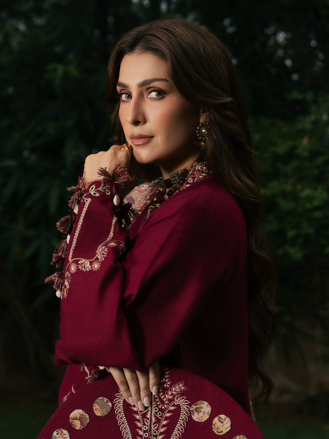 Afroze – Cherry Red Embroidered Winter Suit For Women