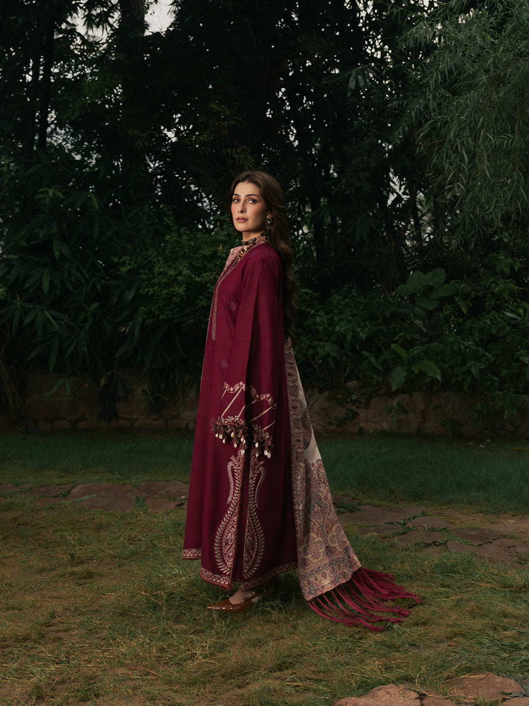 Afroze – Cherry Red Embroidered Winter Suit For Women