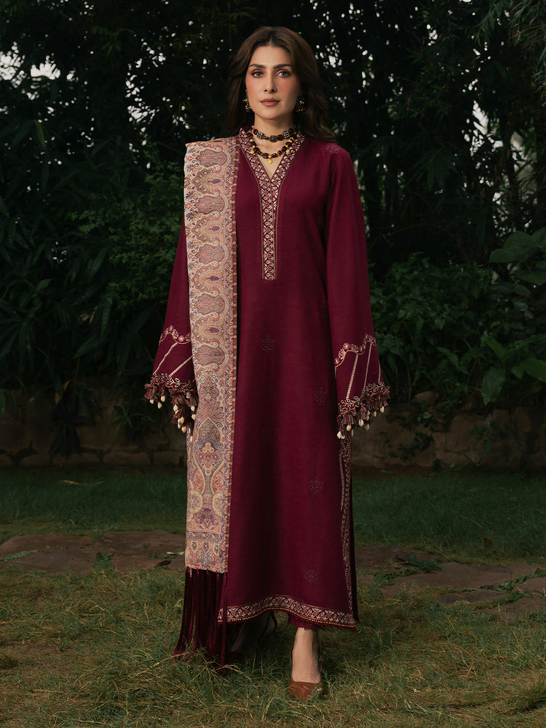 Afroze – Cherry Red Embroidered Winter Suit For Women