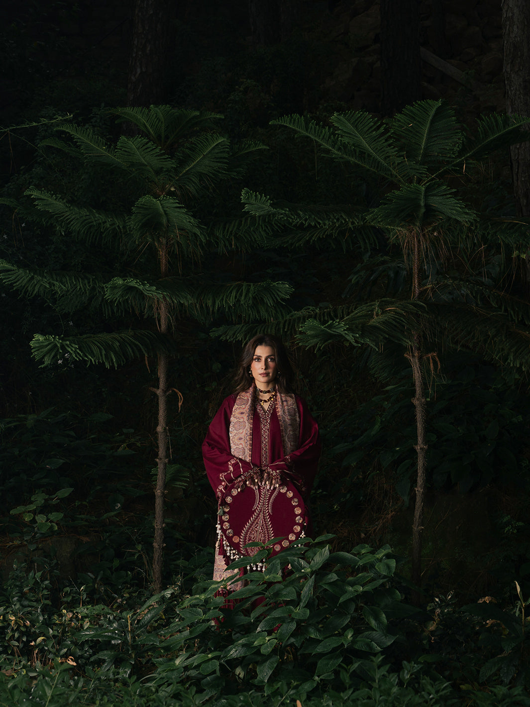 Afroze – Cherry Red Embroidered Winter Suit For Women