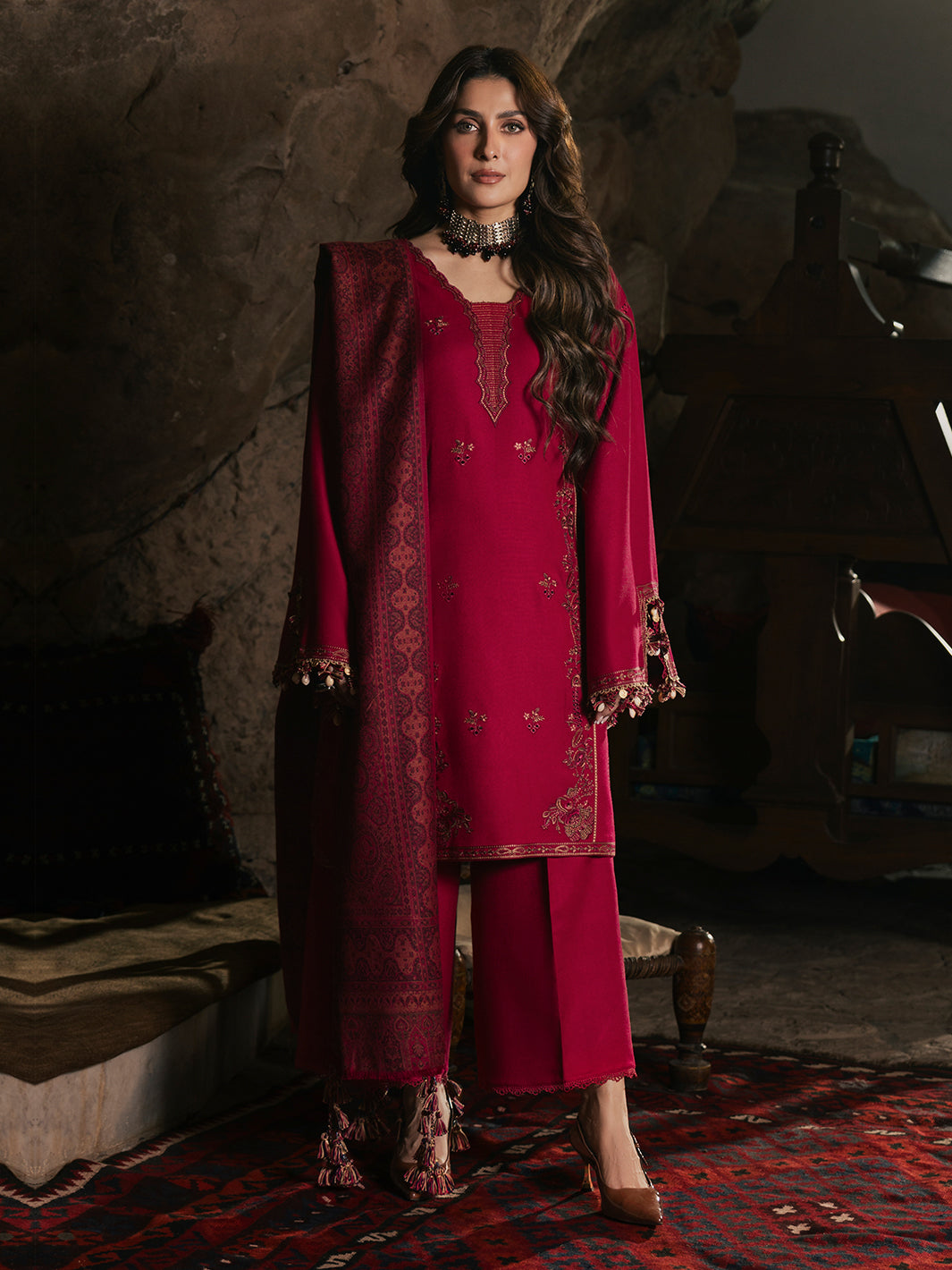 Aroha – Spiced Cranberry Embroidered Winter Suit For Women