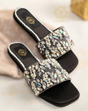 Night Whisper Black Slides - Adorned with Stones & Crystals For Women