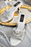 Silver Jewel Heels - Elegant Mid Heels with Crystals & Pearls For Women