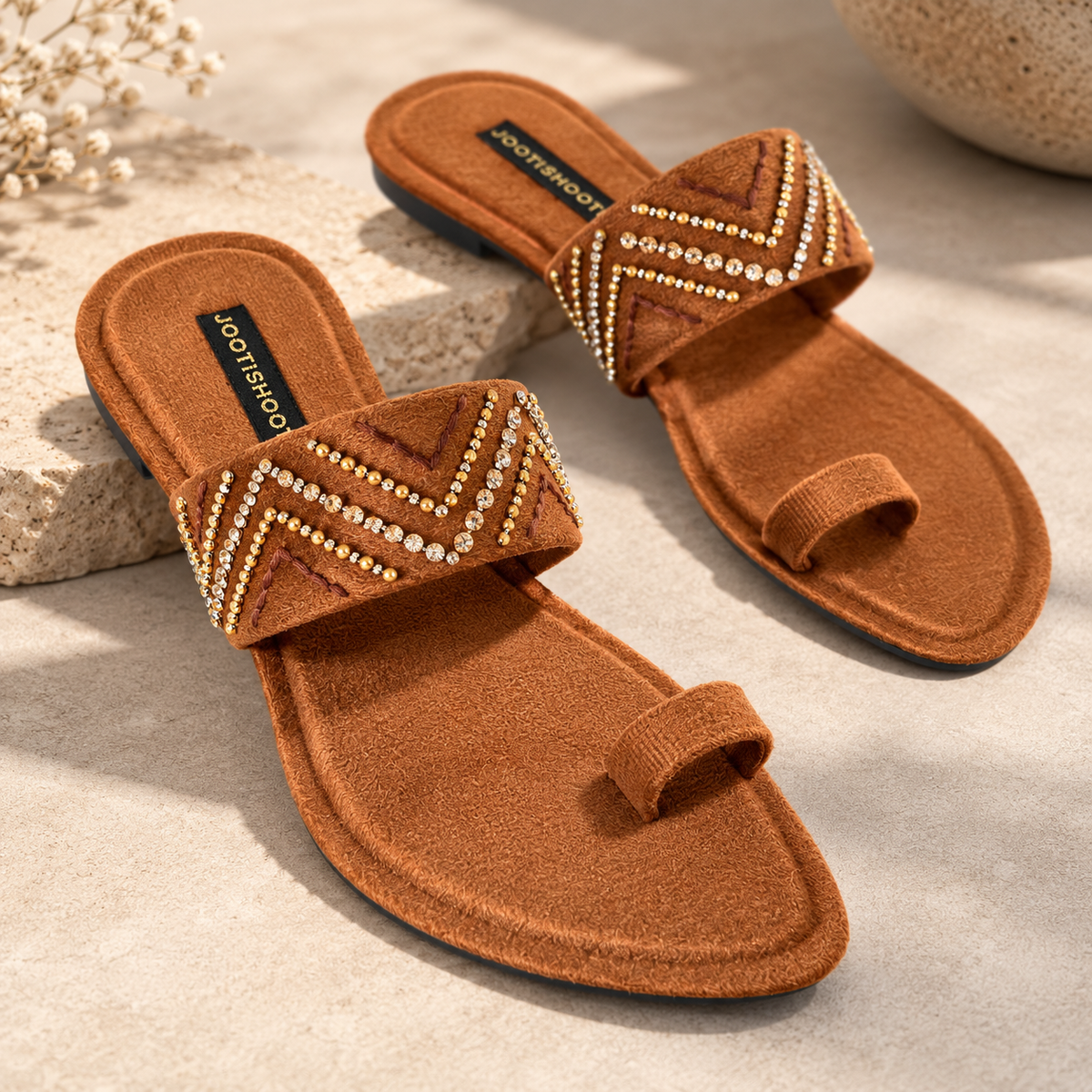 Aafree Rose & Caramel Velvet Flats For Women