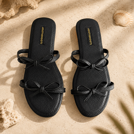 After Dark Black Bow Slides For Women