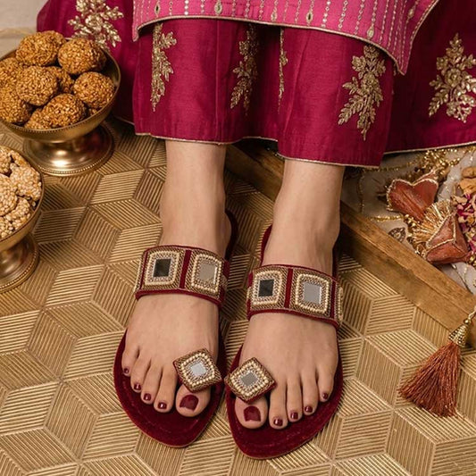 Deep Maroon Mirror Embellished Kolhapuri For Women