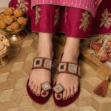 Deep Maroon Mirror Embellished Kolhapuri For Women