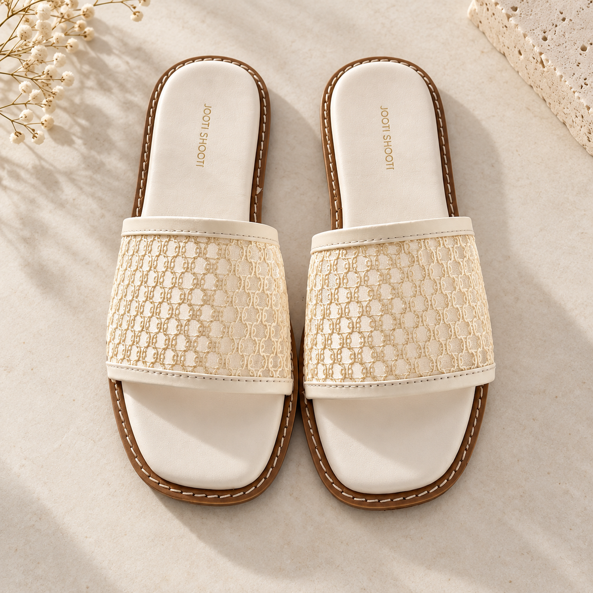 Alba White & Off-White Net Slides For Women