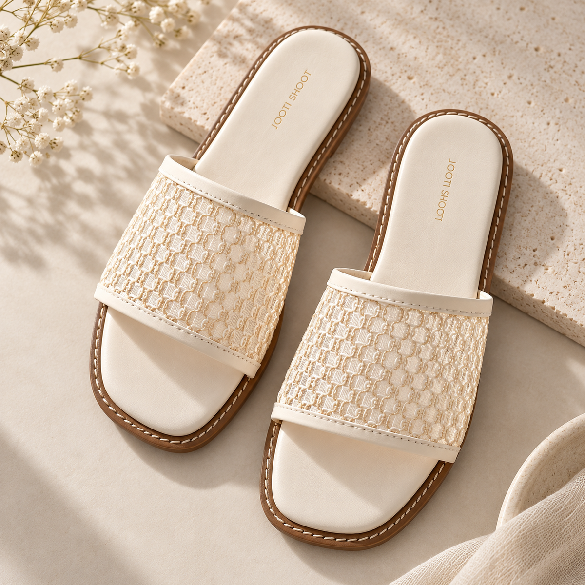 Alba White & Off-White Net Slides For Women