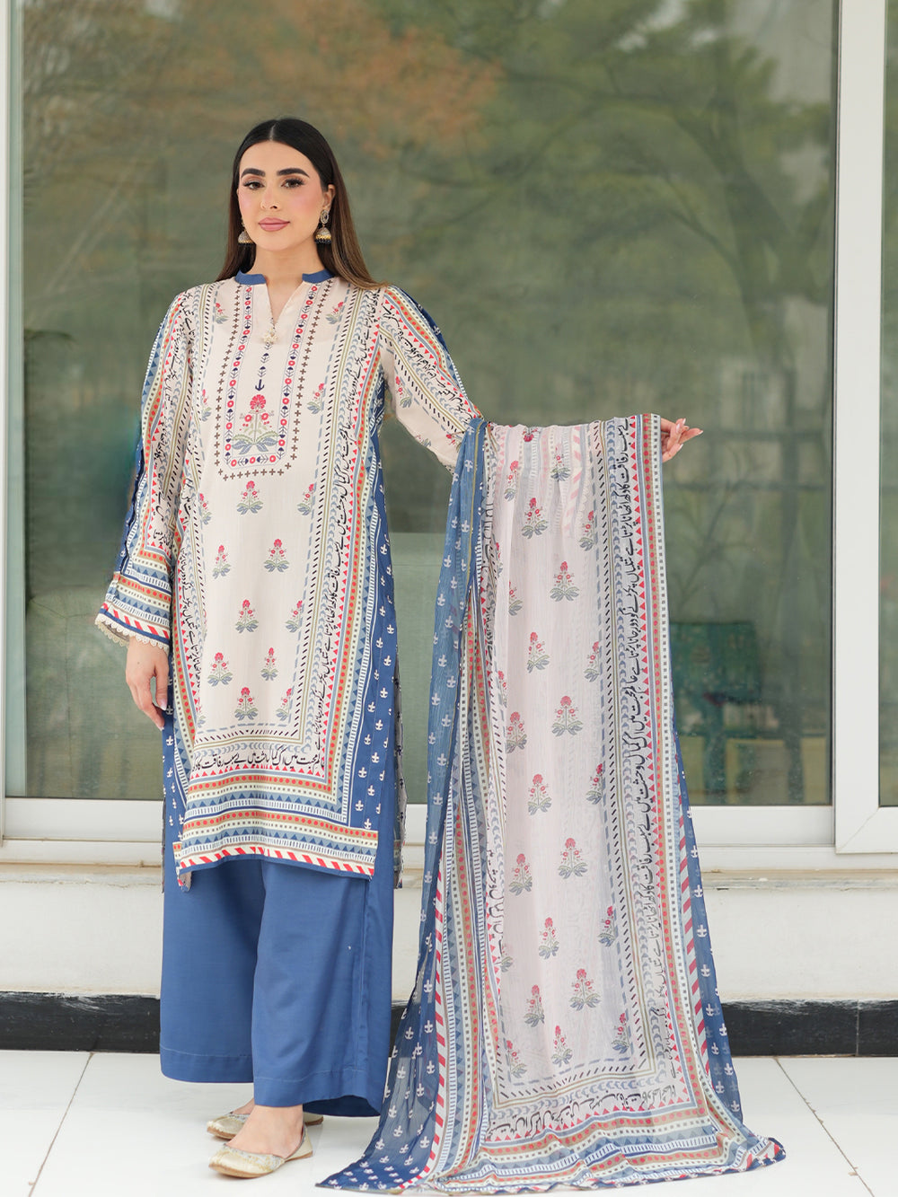 Ivory Beige 3-Piece Printed Suit with Chiffon Dupatta For Women