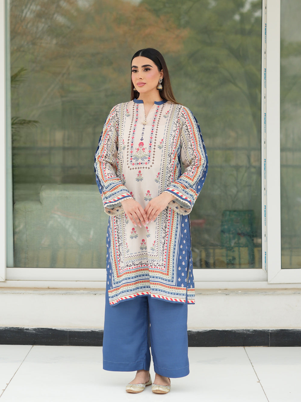 Ivory Beige 3-Piece Printed Suit with Chiffon Dupatta For Women
