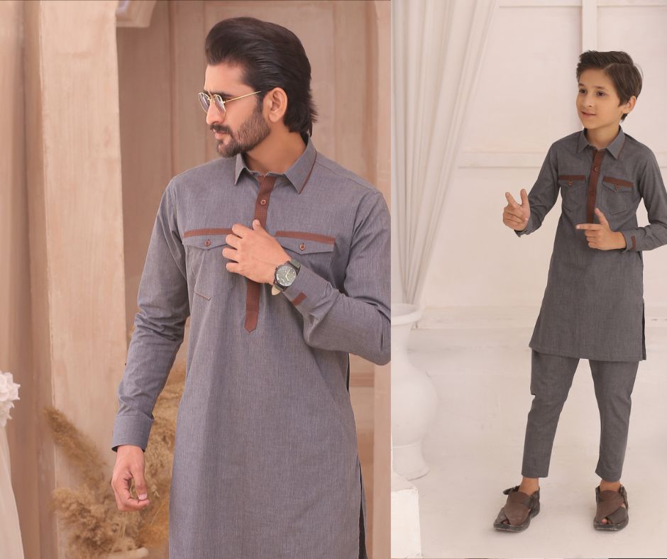 Premium Grey Father & Son Matching Kurta Pajama Set For Men & Kid