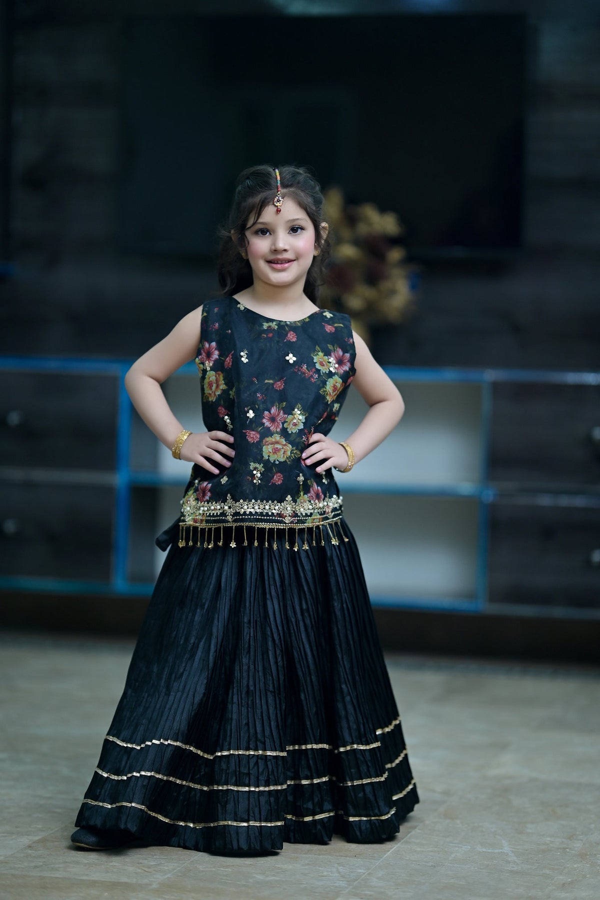 Printed Organza Choli with Crush Lehnga For Girls