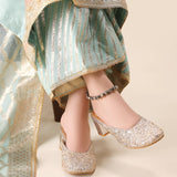Silver Elegance Heels – Handcrafted Brocade Sparkle For Women